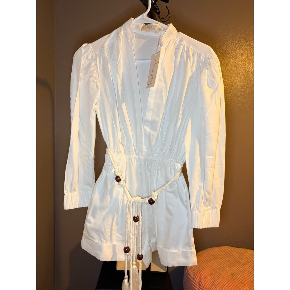 Choosy White Romper with Pockets and Tassel Tie Women Sz XS- NWT